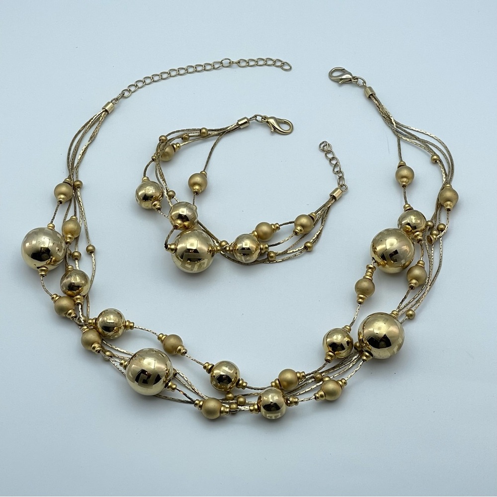 Elegant Gold Tone Multi-Strand Beaded Necklace & Bracelet Set Adjustable